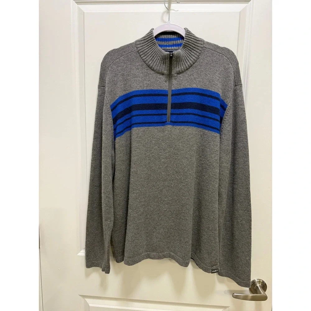 Eddie Bauer Mens Quarter Zip Sweater Heather Grey Blue Striped Mock Neck XL